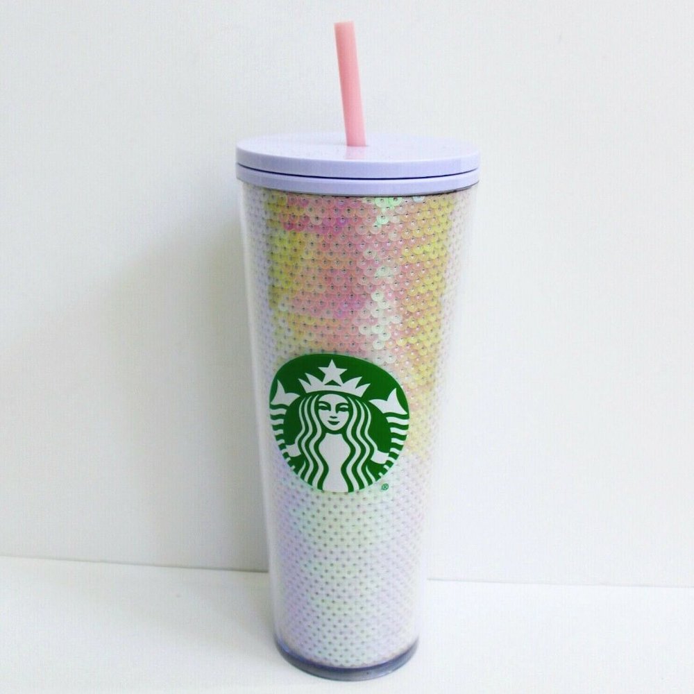 Starbucks Pink White Sequin Bling Acrylic Cold Cup